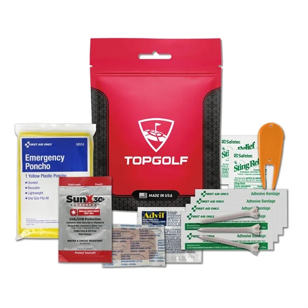 Golf kit with a sunscreen packet, rain poncho, bandages, Advil, golf... from ASI 84514 Safety Made