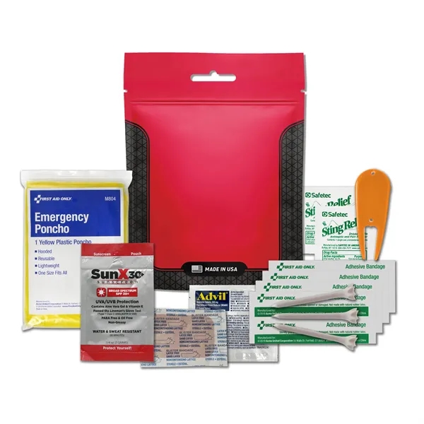 Golf kit with a sunscreen packet, rain poncho, bandages, Advil, golf... from ASI 84514 Safety Made