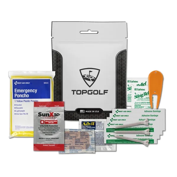 Golf kit with a sunscreen packet, rain poncho, bandages, Advil, golf... from ASI 84514 Safety Made