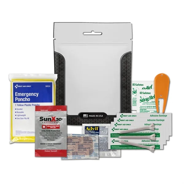 Golf kit with a sunscreen packet, rain poncho, bandages, Advil, golf... from ASI 84514 Safety Made