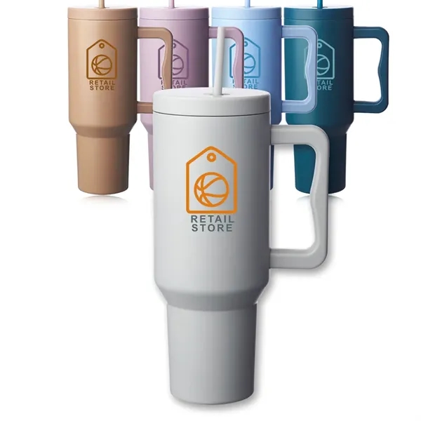 40 oz. stainless steel travel mug with handle, lid and straw.... from ASI 39552 BEL Promo