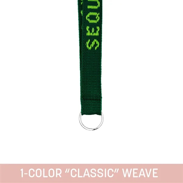 Custom woven lanyard using standard house font and nickel-plated hardware... from ASI 92980 WOV-IN® / Universal Strap/Wov-In Line