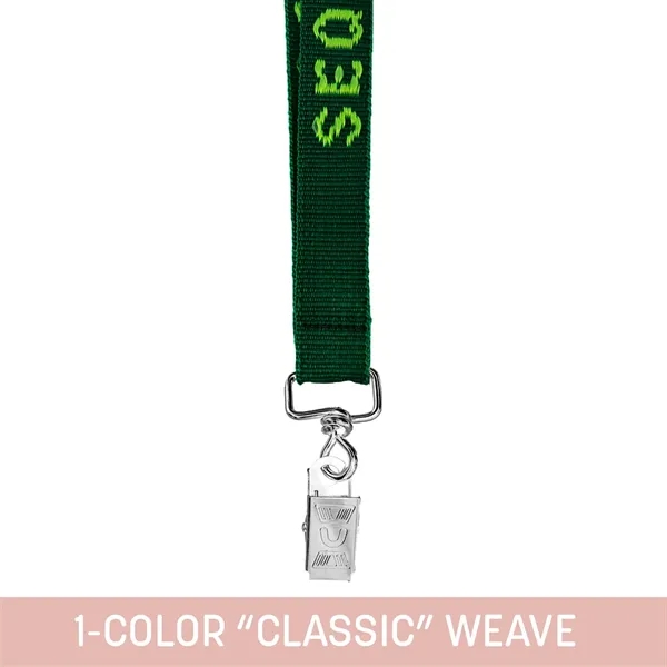 Custom woven lanyard using standard house font and nickel-plated hardware... from ASI 92980 WOV-IN® / Universal Strap/Wov-In Line
