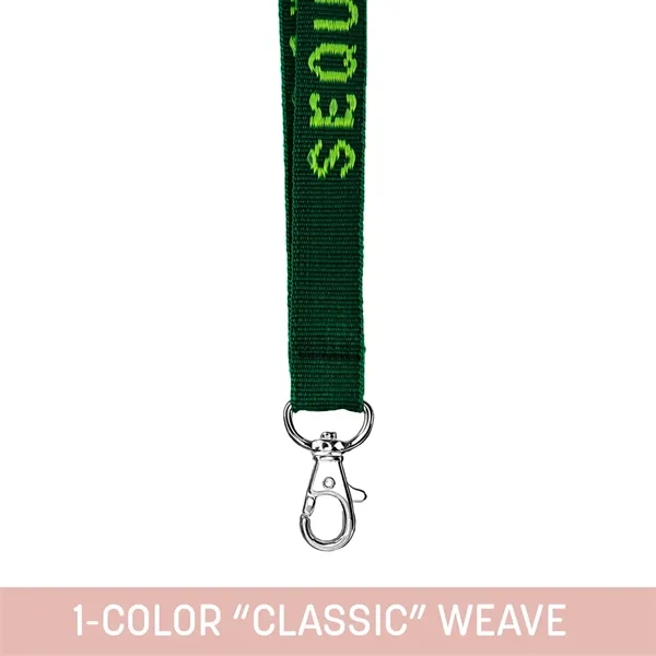 Custom woven lanyard using standard house font and nickel-plated hardware... from ASI 92980 WOV-IN® / Universal Strap/Wov-In Line