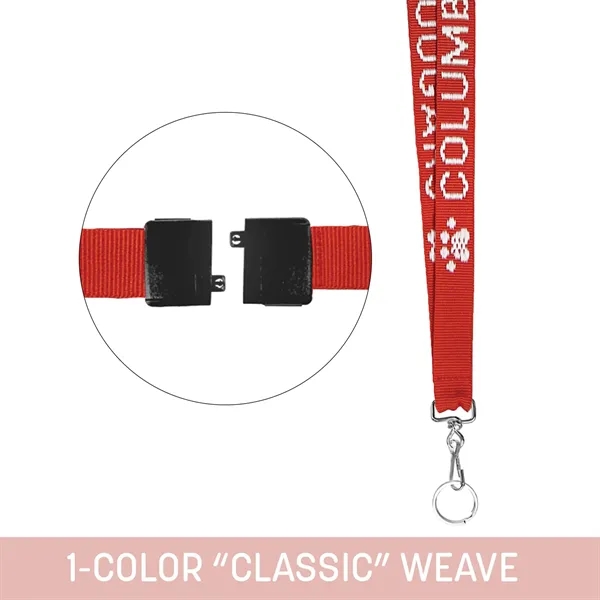 Custom woven lanyard using standard house font and nickel-plated hardware... from ASI 92980 WOV-IN® / Universal Strap/Wov-In Line