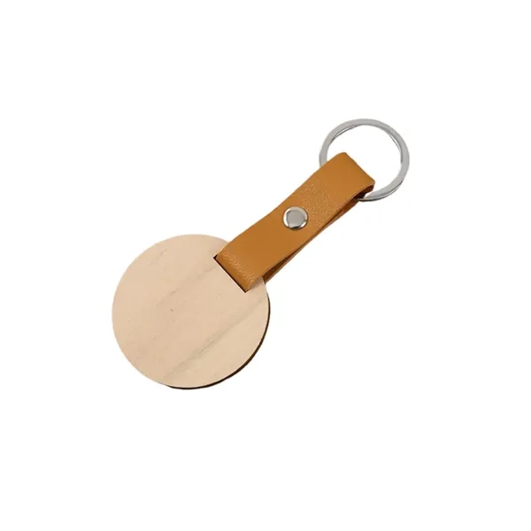 Round shape wooden PU leather keychain plus laser engraving on 1... from ASI 37218 Athena Promo (tm)