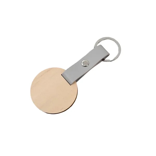 Round shape wooden PU leather keychain plus laser engraving on 1... from ASI 37218 Athena Promo (tm)