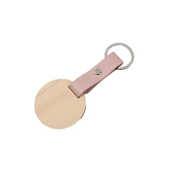 Round shape wooden PU leather keychain plus laser engraving on 1... from ASI 37218 Athena Promo (tm)