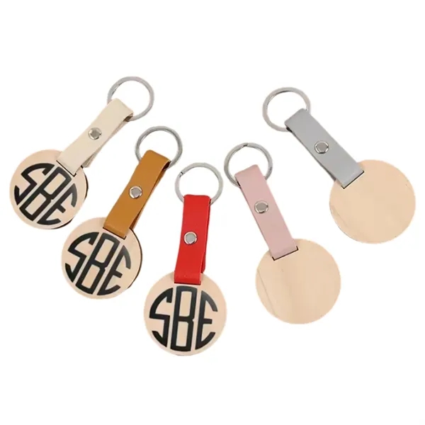 Round shape wooden PU leather keychain plus laser engraving on 1... from ASI 37218 Athena Promo (tm)