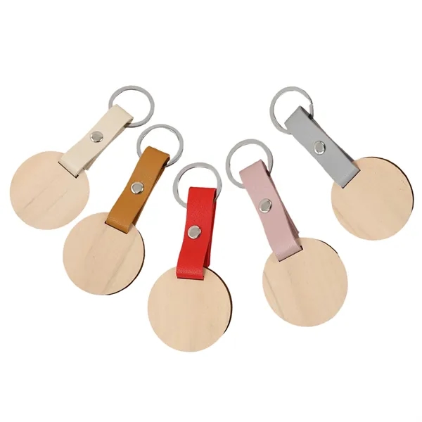 Round shape wooden PU leather keychain plus laser engraving on 1... from ASI 37218 Athena Promo (tm)