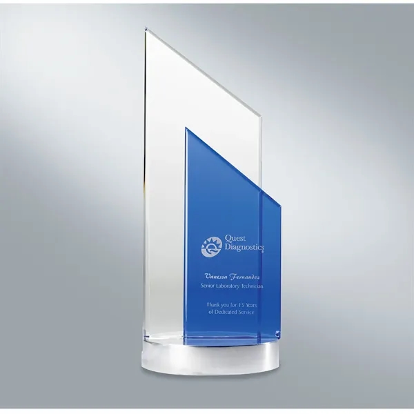 Optically perfect glass award with a brilliant blue accent and brushed... from ASI 68507 The Magnet Group / Benchmark Crystal & Clocks