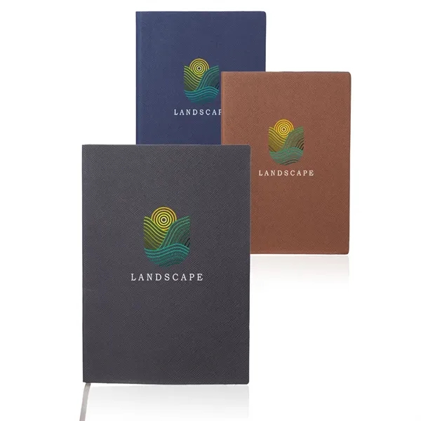 88-page soft-bound journal with woven fabric gray bookmark in four colors.... from ASI 39552 BEL Promo