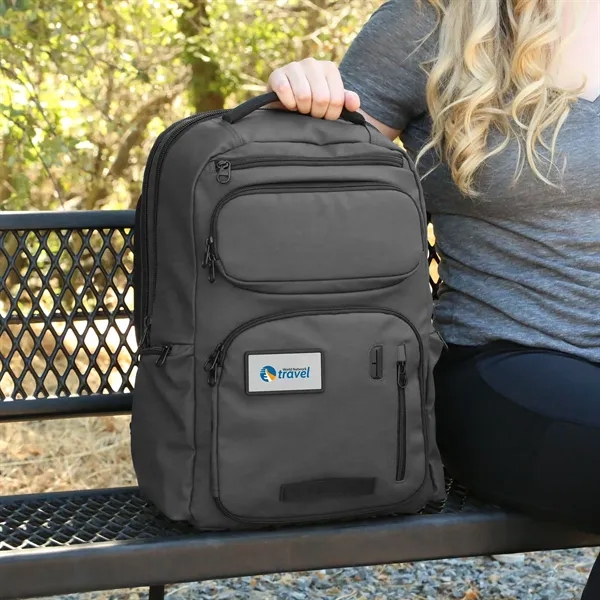 Recycled material backpack with 15 pockets, dual bottle holders, USB port,... from ASI 61966 HPG / OrigAudio