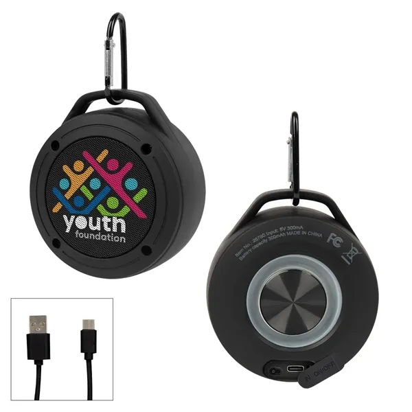 Water-resistant speaker with Bluetooth wireless connectivity and a carabiner hook.... from ASI 61125 Hit Promotional Products / Hit®
