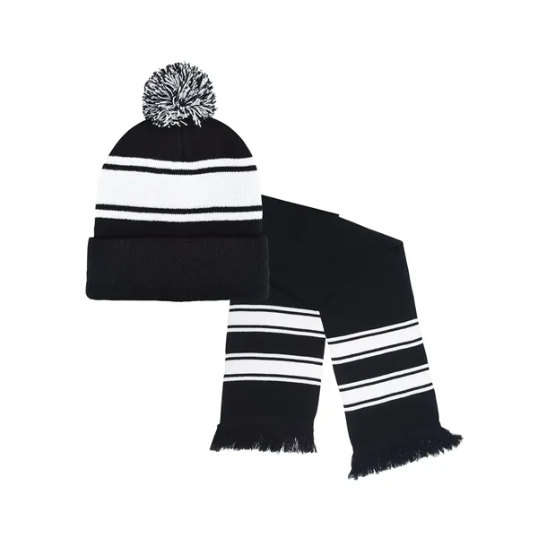 A striped 100% acrylic knit cuff beanie and fringed scarf in... from ASI 79530 Prime Line