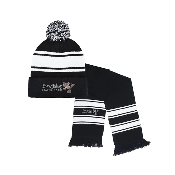 A striped 100% acrylic knit cuff beanie and fringed scarf in... from ASI 79530 Prime Line