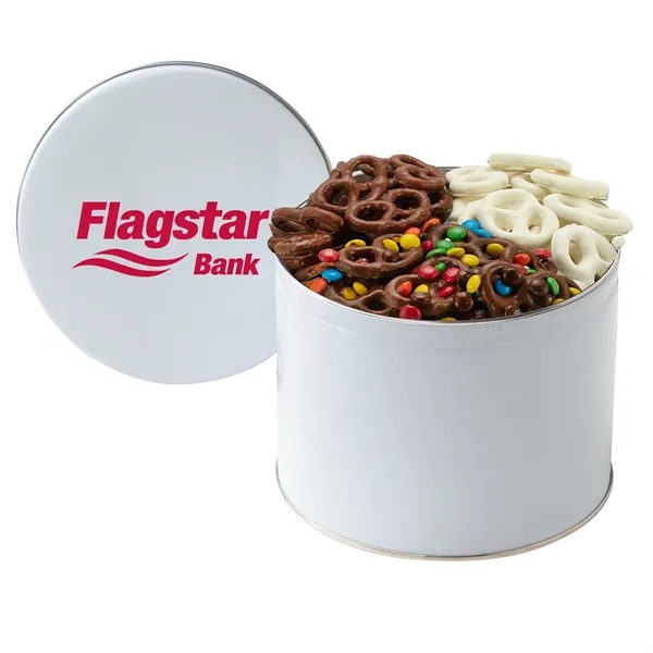 Half-gallon tin filled with milk chocolate, yogurt and sprinkle-covered mini pretzels... from ASI 71685 Midnite Snax®