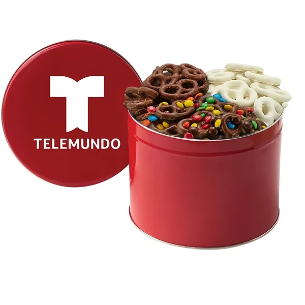 Half-gallon tin filled with milk chocolate, yogurt and sprinkle-covered mini pretzels... from ASI 71685 Midnite Snax®
