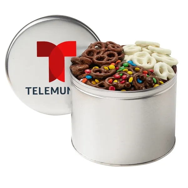 Half-gallon tin filled with milk chocolate, yogurt and sprinkle-covered mini pretzels... from ASI 71685 Midnite Snax®