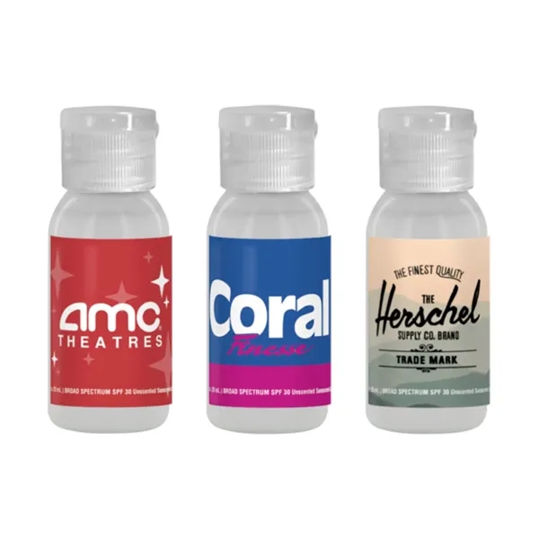 SPF 30 sunscreen in round bottle, 1 oz. plus full color... from ASI 37218 Athena Promo (tm)