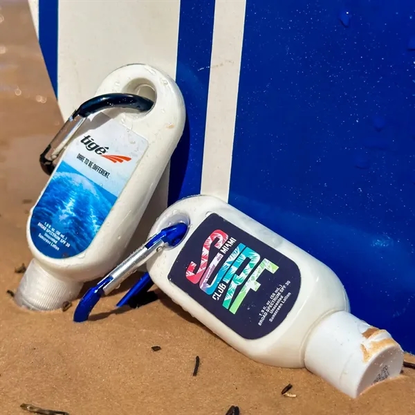 SPF 30 sunscreen with carabiner, 1.9 oz. plus full color label... from ASI 37218 Athena Promo (tm)
