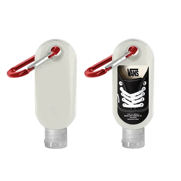 SPF 30 sunscreen with carabiner, 1.9 oz. plus full color label... from ASI 37218 Athena Promo (tm)