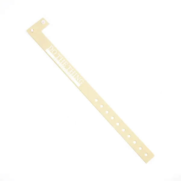 Custom 5'8" L-shaped vinyl wristbands with locking snap and adjustable holes.... from ASI 62088 IDProductsource