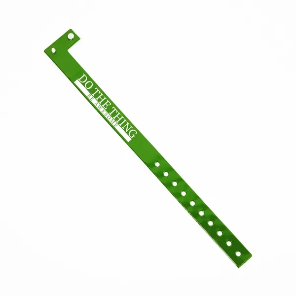 Custom 5'8" L-shaped vinyl wristbands with locking snap and adjustable holes.... from ASI 62088 IDProductsource