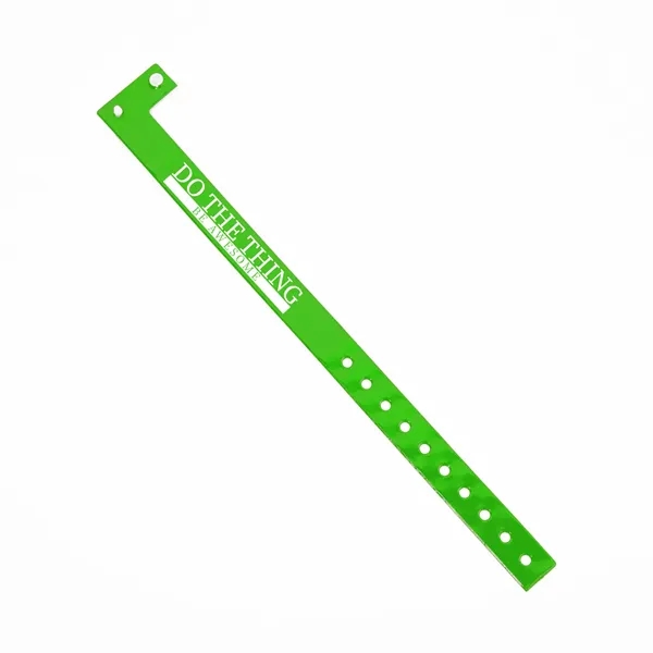 Custom 5'8" L-shaped vinyl wristbands with locking snap and adjustable holes.... from ASI 62088 IDProductsource