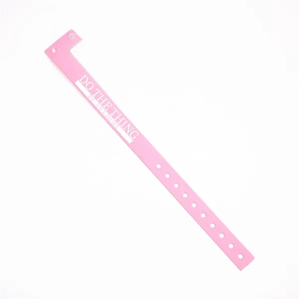 Custom 5'8" L-shaped vinyl wristbands with locking snap and adjustable holes.... from ASI 62088 IDProductsource