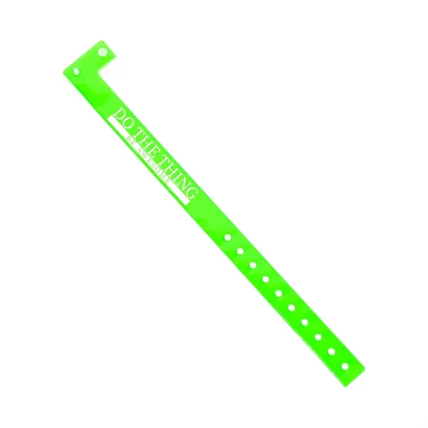 Custom 5'8" L-shaped vinyl wristbands with locking snap and adjustable holes.... from ASI 62088 IDProductsource