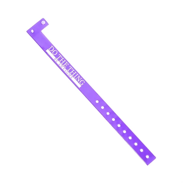 Custom 5'8" L-shaped vinyl wristbands with locking snap and adjustable holes.... from ASI 62088 IDProductsource