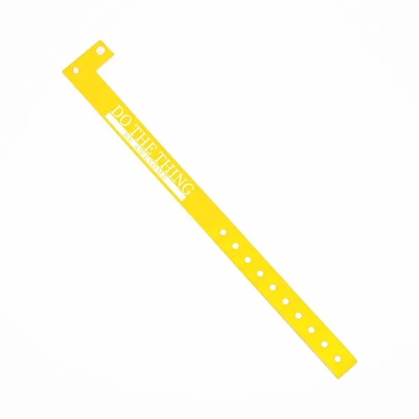 Custom 5'8" L-shaped vinyl wristbands with locking snap and adjustable holes.... from ASI 62088 IDProductsource