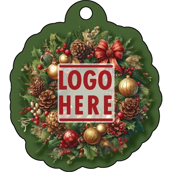 Full color acrylic holiday ornament with mirror back and wreath/pine cones... from ASI 72521 Morris Magnets / Laser Cuts