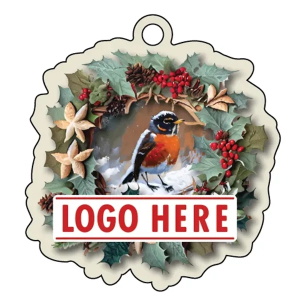 Full color acrylic holiday ornament with mirror back and wreath/bird design.... from ASI 72521 Morris Magnets / Laser Cuts