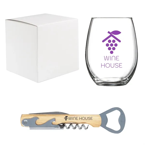 A gift set featuring a stemless wine glass and a natural... from ASI 61966 HPG / Best Promotions USA
