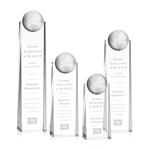 Tall optical crystal award with 3D globe mounted on the front.... from ASI 84592 St Regis Group / St Regis