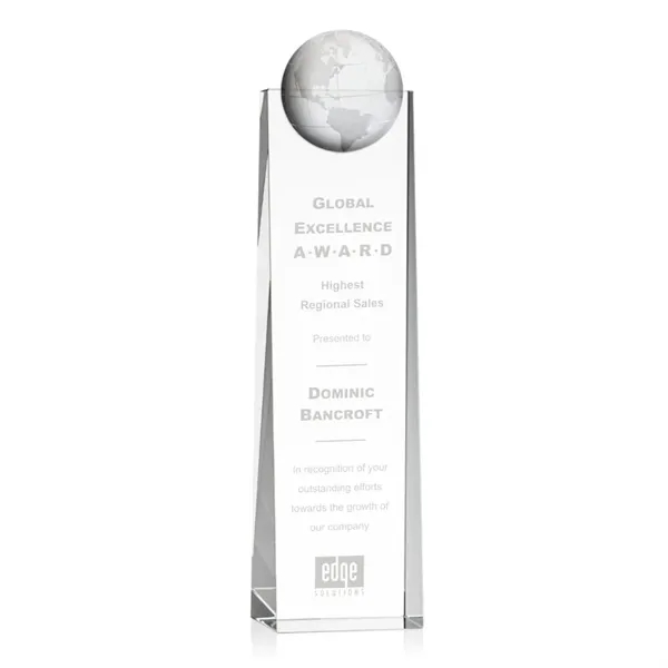 Tall optical crystal award with 3D globe mounted on the front.... from ASI 84592 St Regis Group / St Regis