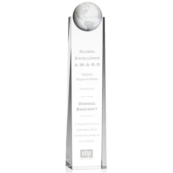 Tall optical crystal award with 3D globe mounted on the front.... from ASI 84592 St Regis Group / St Regis