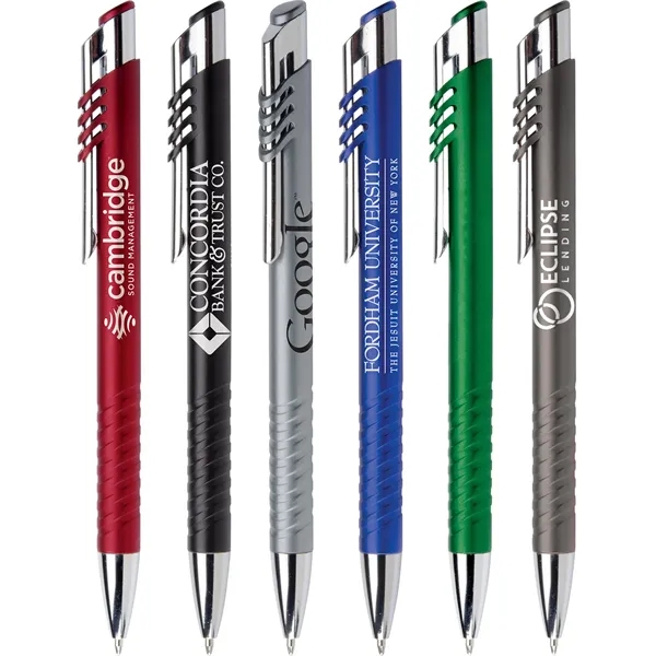 Plunger action ballpoint pen with sleek metallic barrel, futuristic accents, grooved... from ASI 61966 HPG / Hub Pen