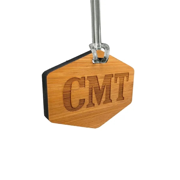 Custom shaped laser etched bamboo bag tag that measures 5/16" thick.... from ASI 72521 Morris Magnets / Laser Cuts
