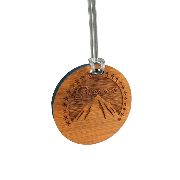 Custom shaped laser etched bamboo bag tag that measures 5/16" thick.... from ASI 72521 Morris Magnets / Laser Cuts
