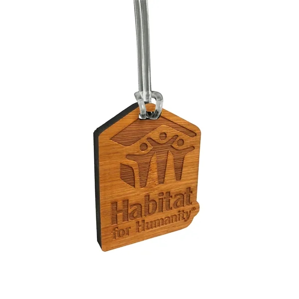 Custom shaped laser etched bamboo bag tag that measures 5/16" thick.... from ASI 72521 Morris Magnets / Laser Cuts