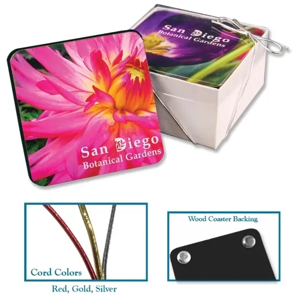 2 piece wood coaster set in decorative white box with clear... from ASI 72521 Morris Magnets / Laser Cuts