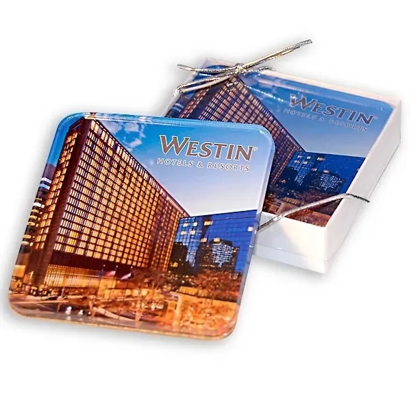 Coaster gift set that includes 2 acrylic coasters with cork back.... from ASI 72521 Morris Magnets / Laser Cuts