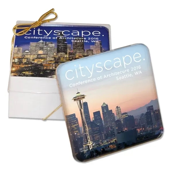 Coaster gift set includes 4 acrylic coasters with plastic feet.... from ASI 72521 Morris Magnets / Laser Cuts