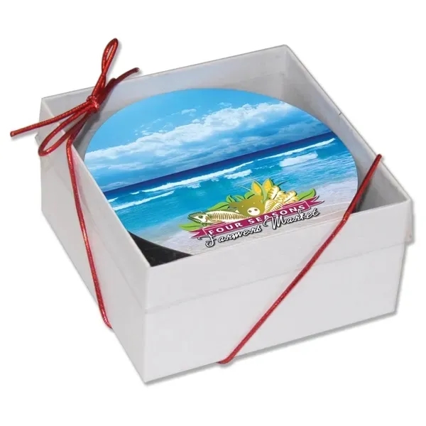 4 piece wood coaster set in decorative white box with clear... from ASI 72521 Morris Magnets / Laser Cuts