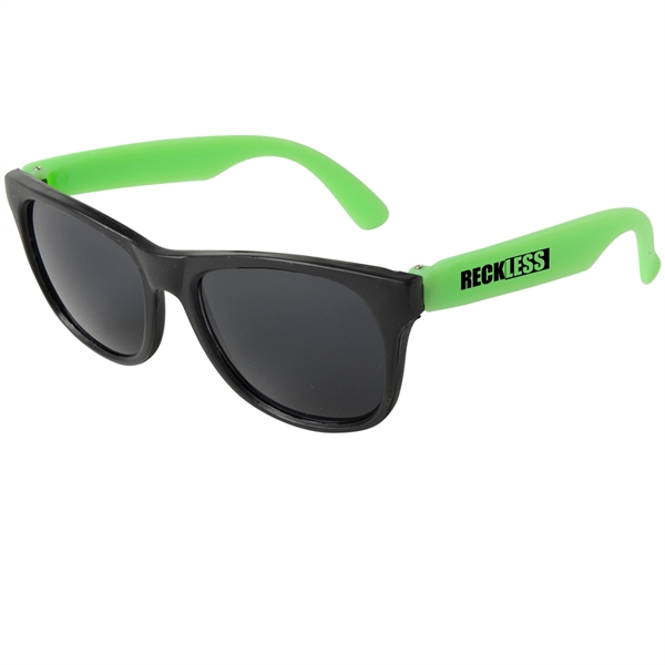 Youth sunglasses with neon-colored temples with black frames and dark, ultraviolet... from ASI 52840 Evans Manufacturing