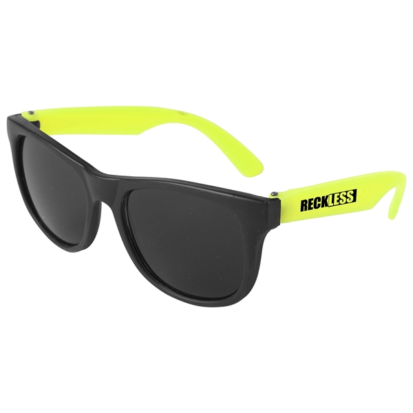 Youth sunglasses with neon-colored temples with black frames and dark, ultraviolet... from ASI 52840 Evans Manufacturing