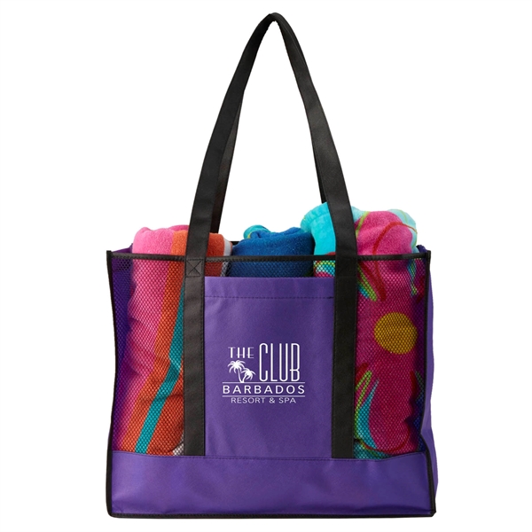 Non-woven beach tote bag with mesh front and 7" gusset providing... from ASI 52840 Evans Manufacturing